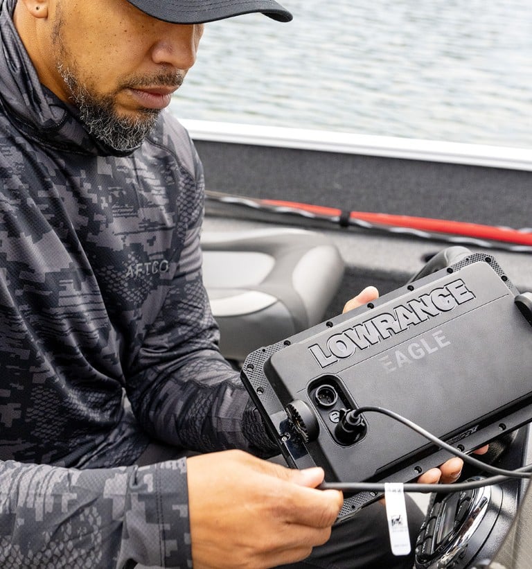 Fisherman connecting Lowrance Eagle FishFinder