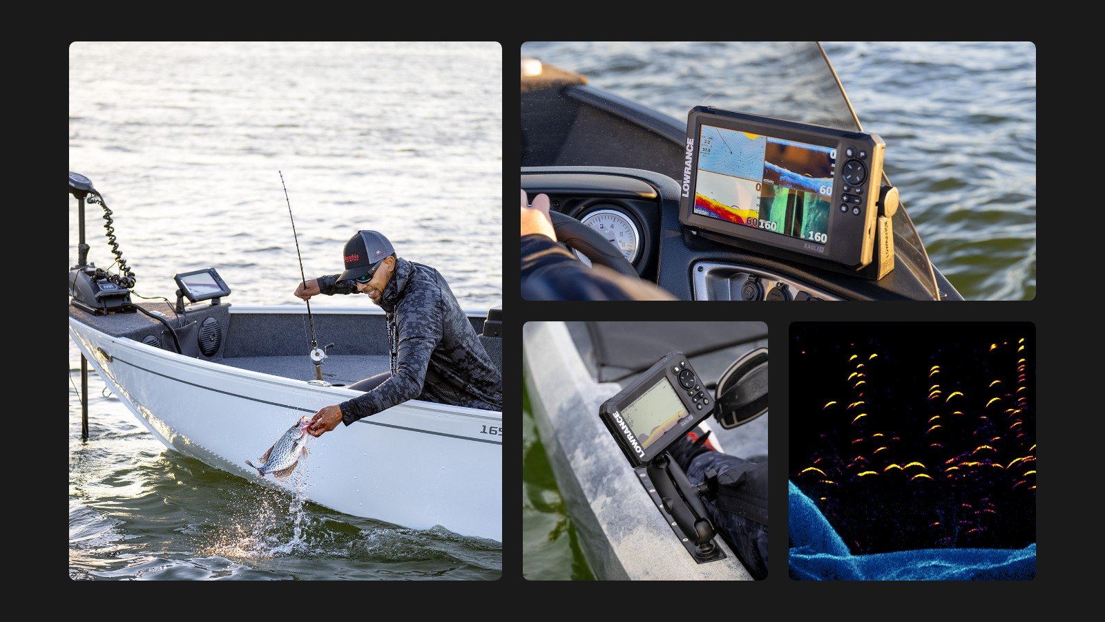 a collage of photos of a man a boat pulling a fish from the water  an Eagle fish finder on a kayak and boat dashbaord