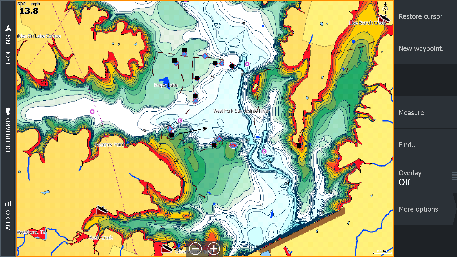 Elite Fishing System showing different contours and depths with shading